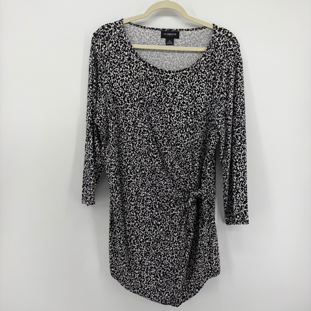 Liz Claiborne Women XL Black White Top Animal Print Faux Wrap Long Sleeve Career